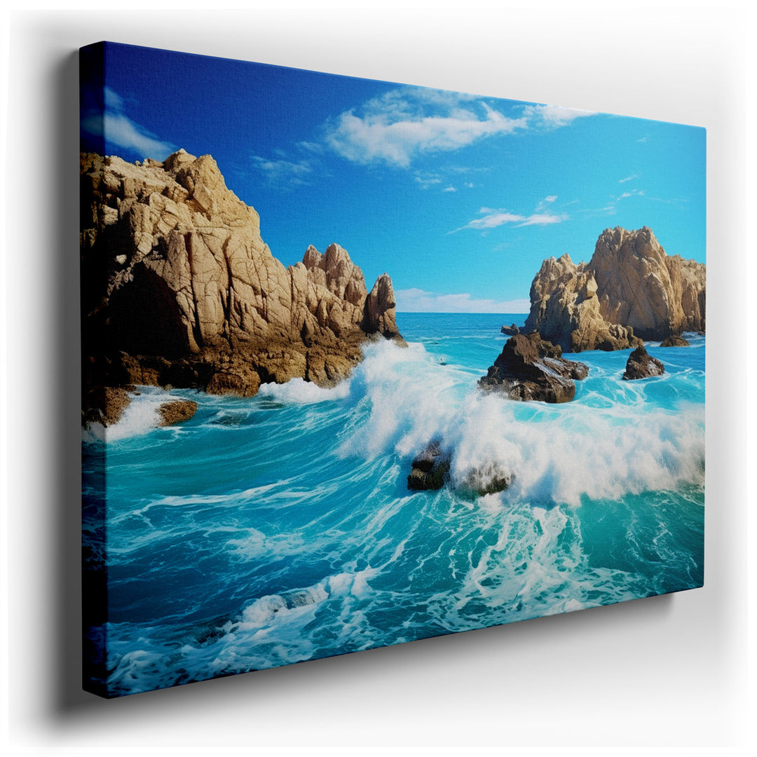 canvas print on wrapped canvas for wall decor – This wall art captures a breathtaking scene of ocean waves ferociously crashing against jagged, unyielding rocks. It viv...