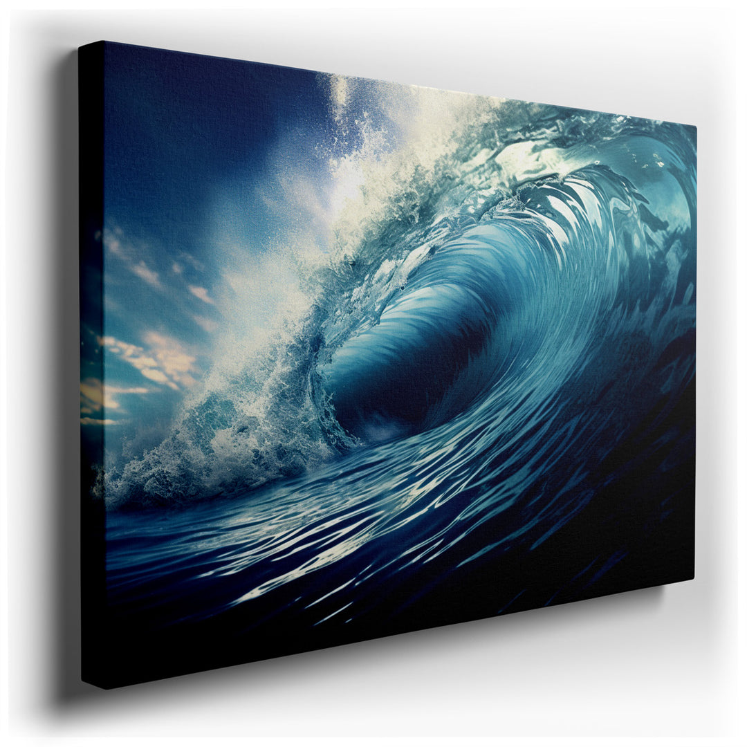 canvas print on wrapped canvas for wall decor – The wall art captures a mesmerizing scene of an ocean wave at the very moment it breaks, embodying the raw power and maj...