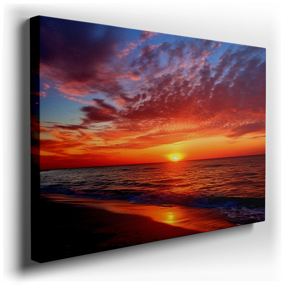 canvas print on wrapped canvas for wall decor – This wall art, a masterful depiction of a sunset over the ocean, is an exquisite representation of nature's tranquil bea...