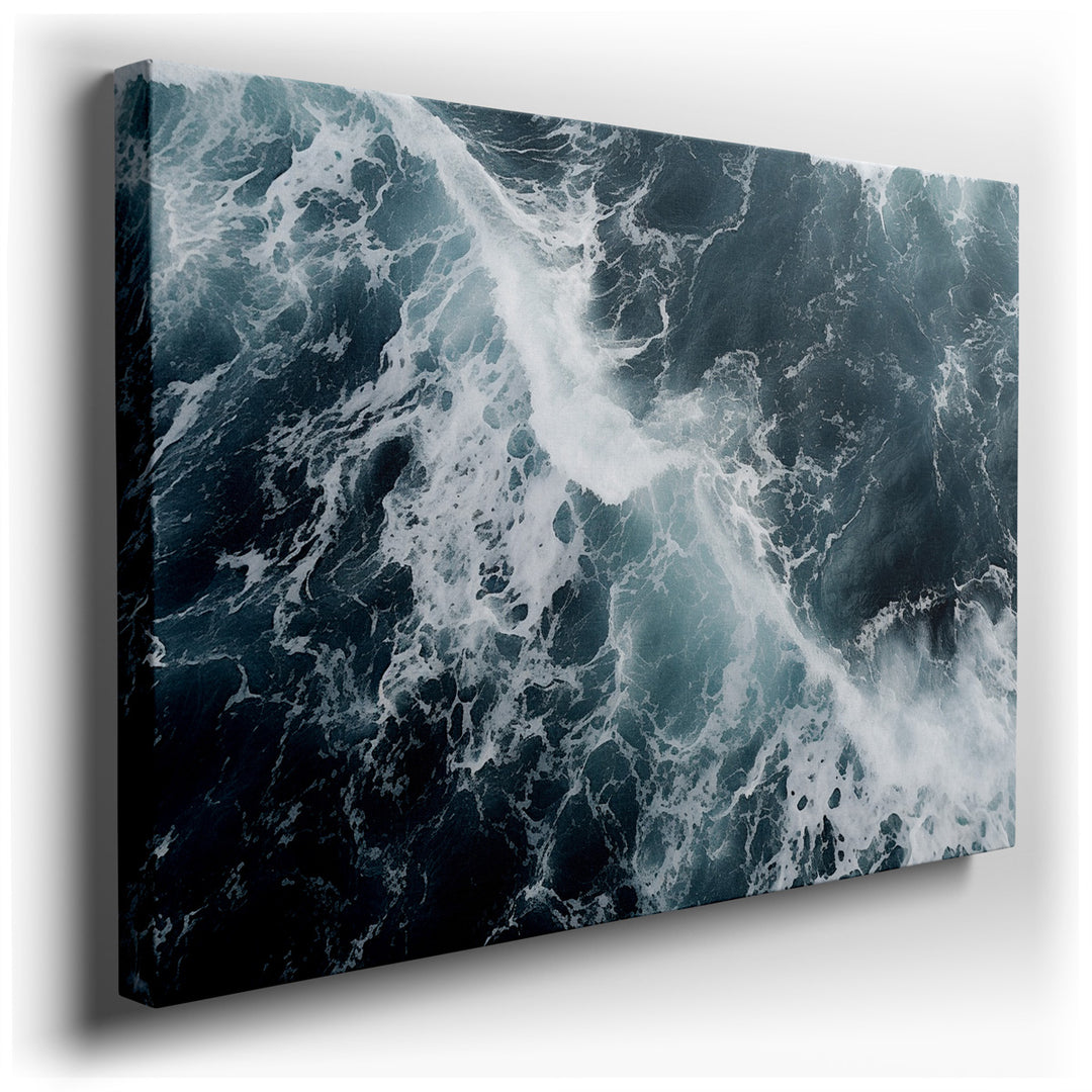 canvas print on wrapped canvas for wall decor – This wall art, an exquisite aerial depiction of the ocean's surface, is a masterful canvas of contrasting blues and whit...