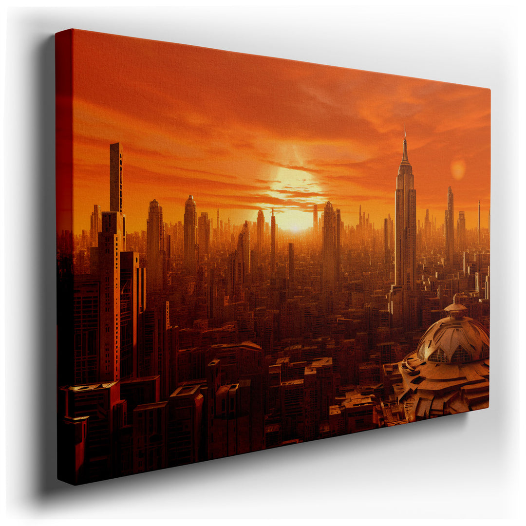 canvas print on wrapped canvas for wall decor – This wall art, a stunning portrayal of a futuristic cityscape bathed in the warm glow of an orange sunset, is a masterpi...