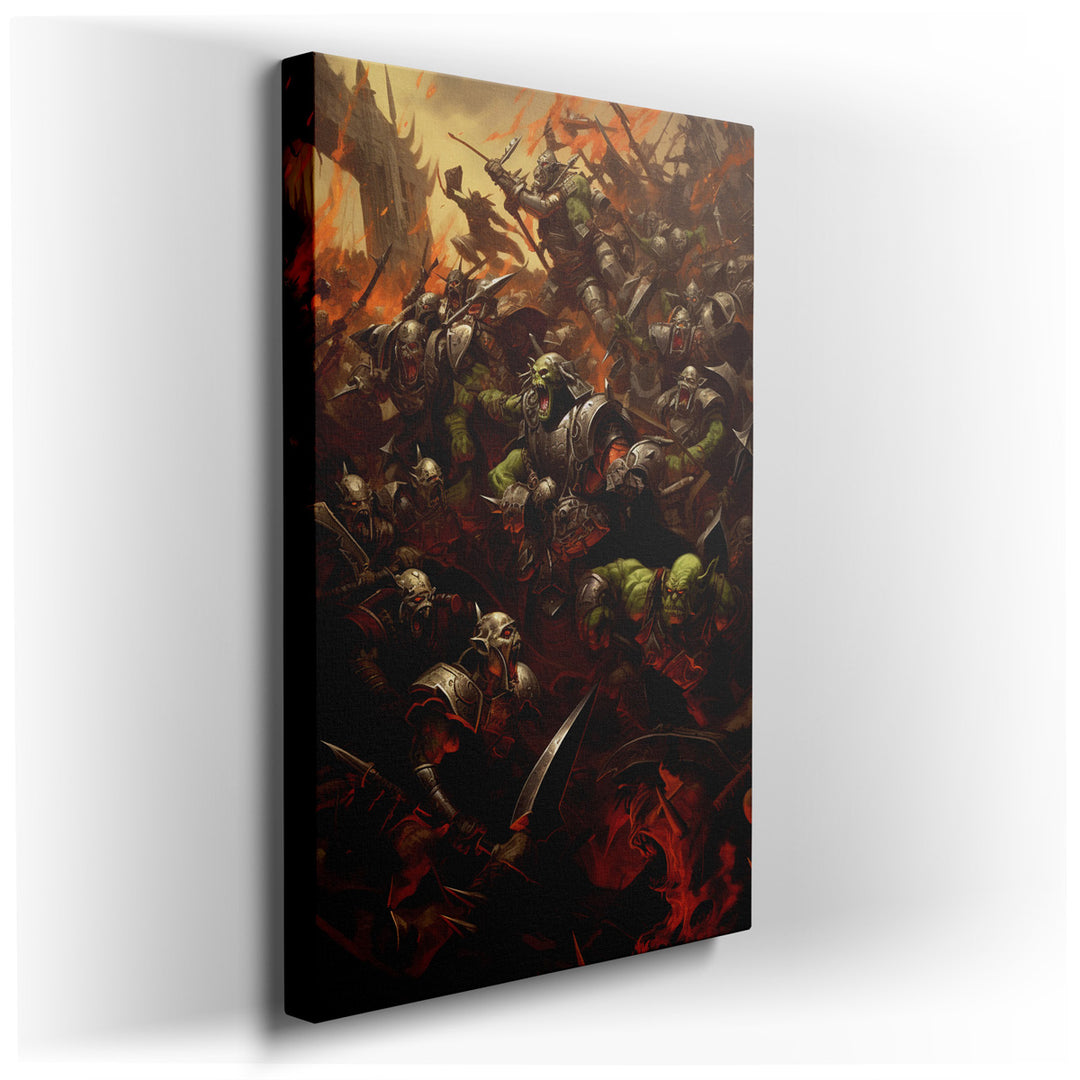 canvas print on wrapped canvas for wall decor – This wall art is a masterful depiction of a fantasy battle, a scene brimming with chaos and raw energy that captures the...