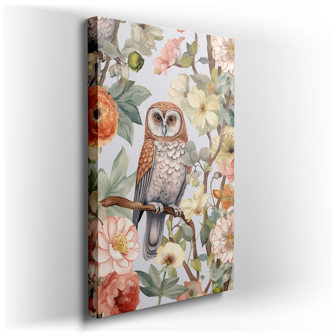 canvas print on wrapped canvas for wall decor – This wall art, a masterful depiction of an owl nestled among a burst of vibrant blooms, serves as a stunning representat...