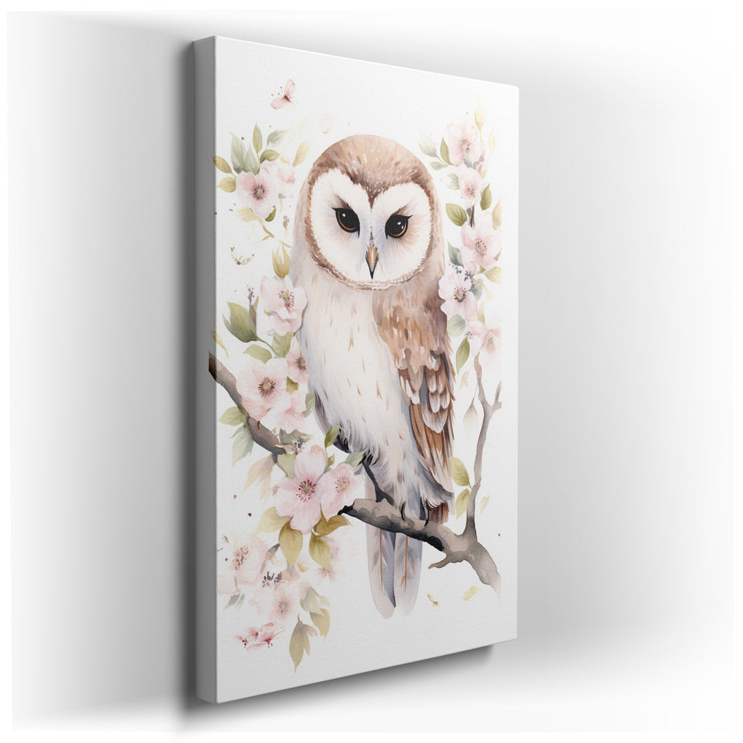 canvas print on wrapped canvas for wall decor – This exquisite wall art captures the serene and majestic essence of a wise owl perched gracefully among a bed of soft, e...