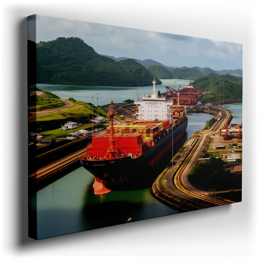 canvas print on wrapped canvas for wall decor – The wall art captures a majestic scene at the Panama Canal, where a prominent container ship is docked, serving as a tes...