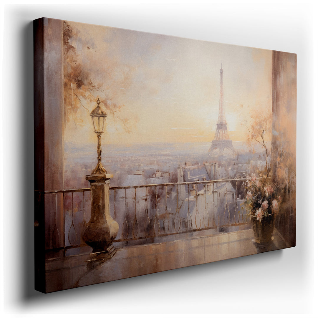 canvas print on wrapped canvas for wall decor – This enchanting wall art offers a picturesque balcony view overlooking the Paris skyline, a scene that encapsulates the...