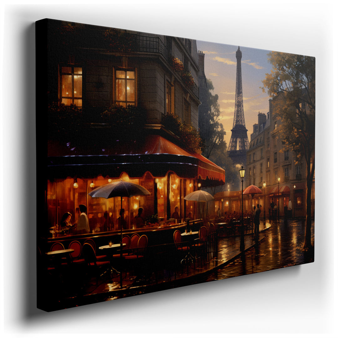 canvas print on wrapped canvas for wall decor – This captivating wall art transports viewers to a quintessential Parisian café, nestled under the enchanting glow of a d...