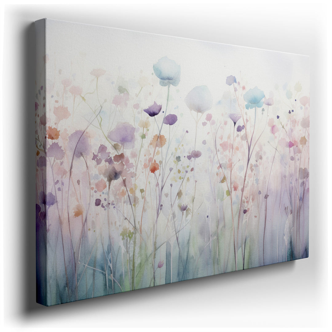canvas print on wrapped canvas for wall decor – This enchanting watercolor wall art captures the essence of spring with a breathtaking depiction of a field brimming wit...