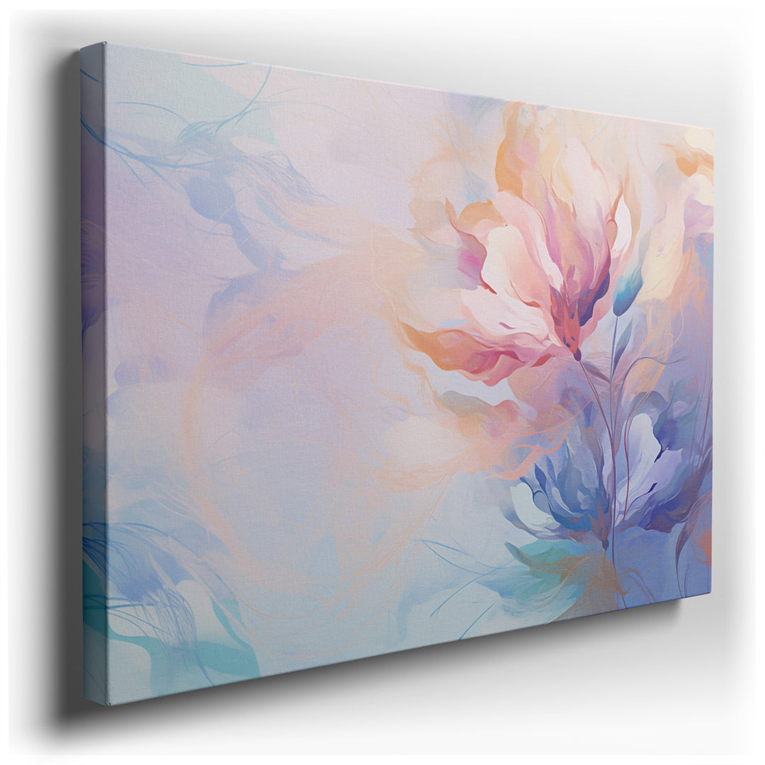 canvas print on wrapped canvas for wall decor – This wall art, an exquisite representation of abstract floral artistry, is crafted with a masterful blend of soft pastel...