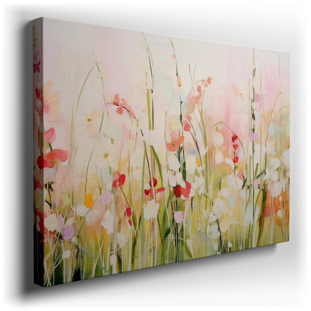 canvas print on wrapped canvas for wall decor – This exquisite wall art captures the quintessence of spring with its vibrant display of pastel-colored flowers, each blo...