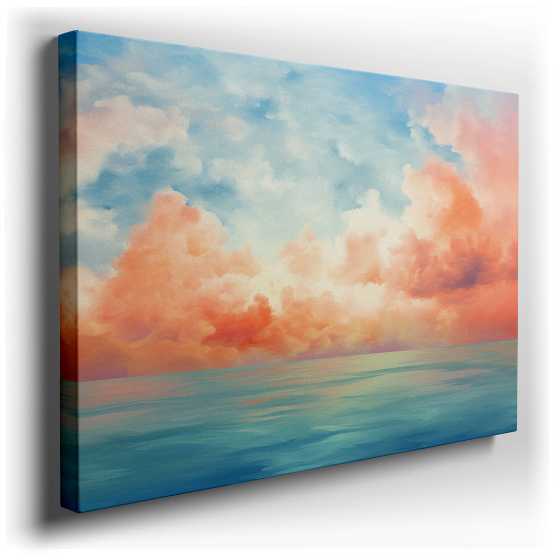 canvas print on wrapped canvas for wall decor – This enchanting wall art presents a surreal sky scene that masterfully captures the ethereal beauty of fluffy, pastel cl...