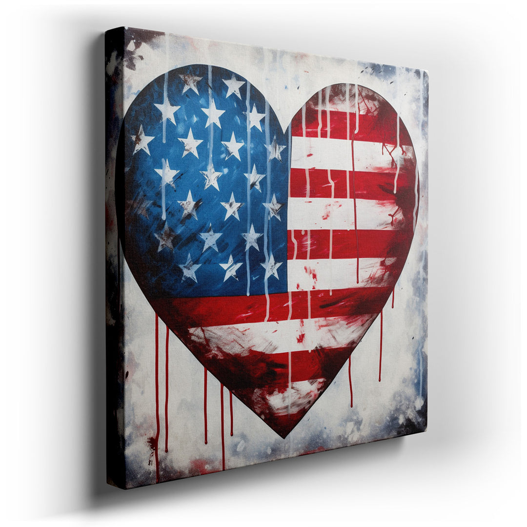 canvas print on wrapped canvas for wall decor – This wall art is a captivating fusion of the American flag and a heart motif, symbolizing a deep-seated patriotism inter...