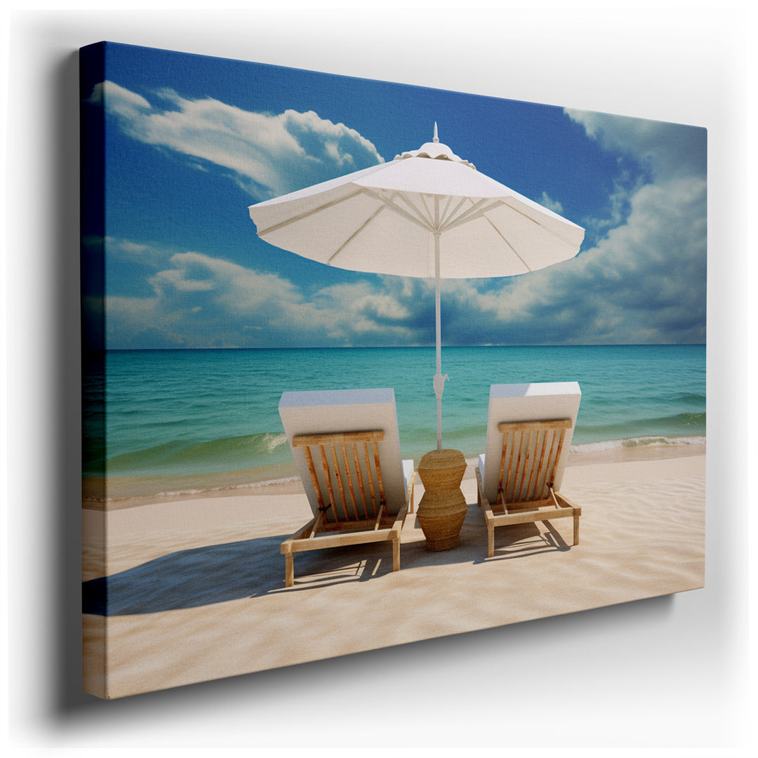canvas print on wrapped canvas for wall decor – This wall art captures the essence of a serene beachscape, meticulously portraying two inviting loungers nestled under t...