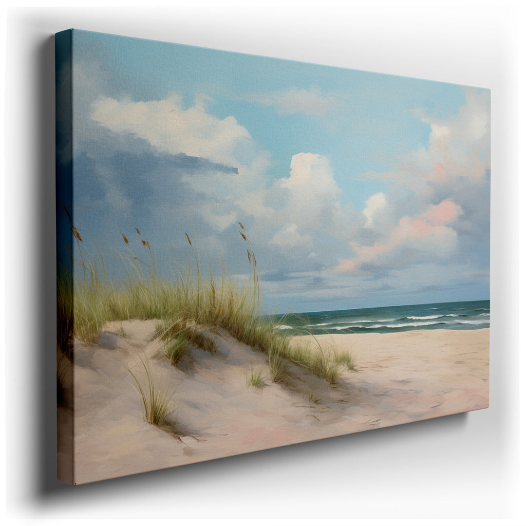 canvas print on wrapped canvas for wall decor – This enchanting wall art captures the essence of a tranquil beachscape, where the soft, sandy dunes rise gently against...