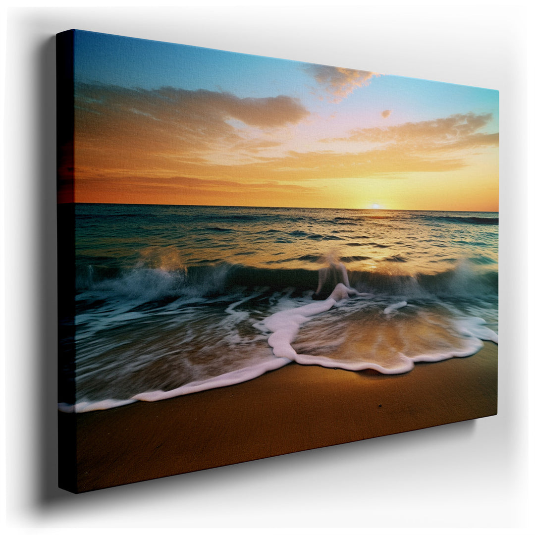 canvas print on wrapped canvas for wall decor – The wall art in question is a masterful depiction of a tranquil beach scene at sunset, an artwork that exudes calm and s...