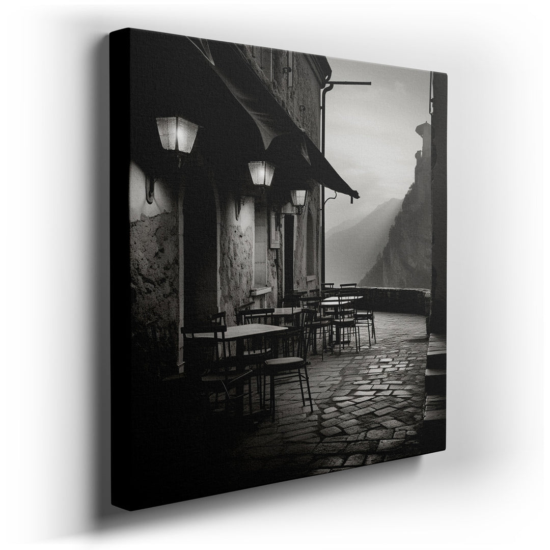 canvas print on wrapped canvas for wall decor – This captivating black-and-white photograph, a masterful portrayal of a quaint cobblestone street, is an exquisite piece...