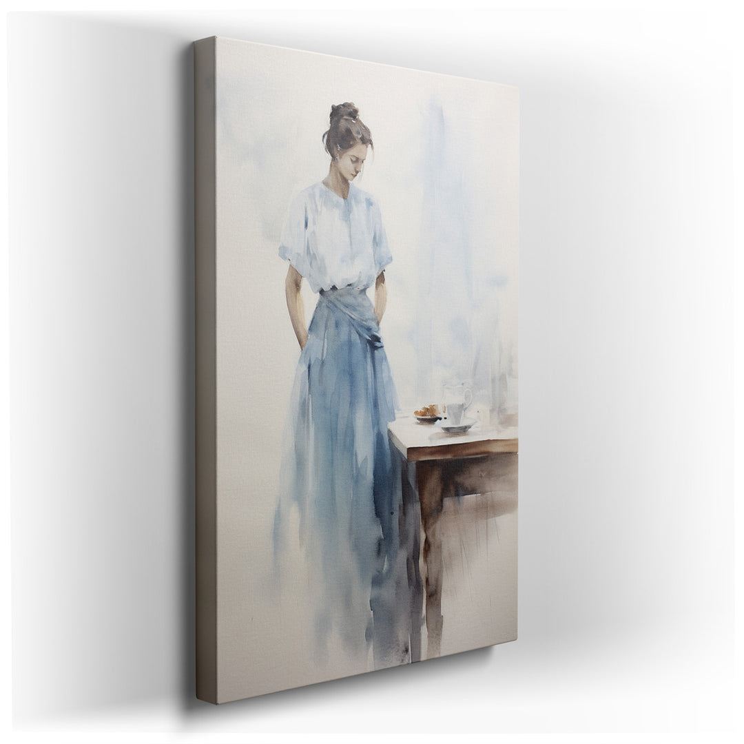canvas print on wrapped canvas for wall decor – This exquisite watercolor wall art captures a serene and introspective moment, featuring a pensive woman standing by a s...