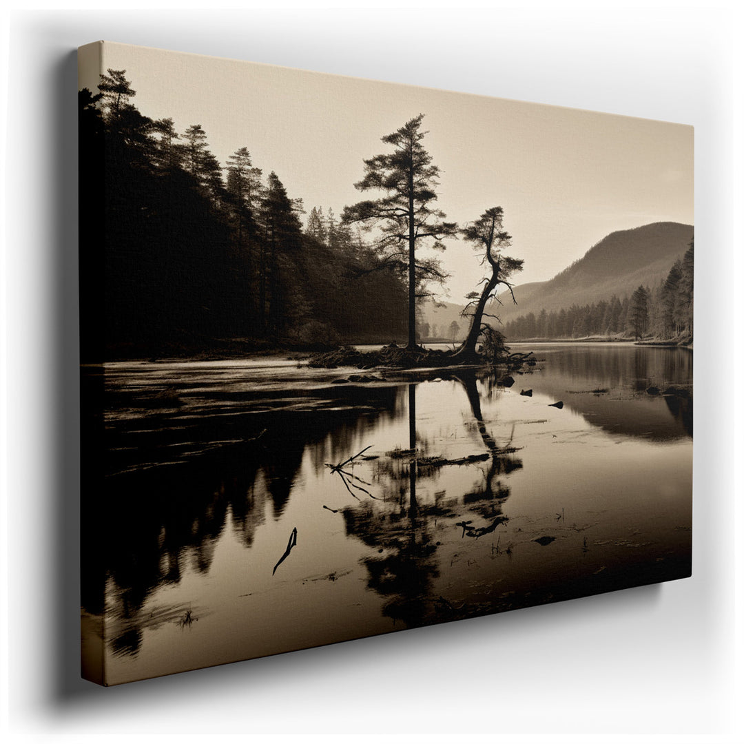 canvas print on wrapped canvas for wall decor – This wall art, an evocative black-and-white portrayal of a riverbank, captures a moment of serene beauty and profound tr...