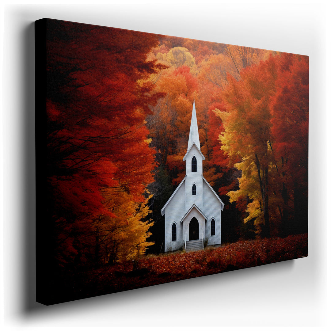 canvas print on wrapped canvas for wall decor – This enchanting wall art captures the serene beauty of a small, white church nestled amidst a vibrant explosion of autum...