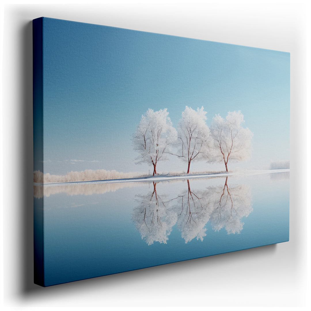 canvas print on wrapped canvas for wall decor – This wall art, a serene depiction of a winter landscape, captures the essence of tranquility and the subtle beauty of na...
