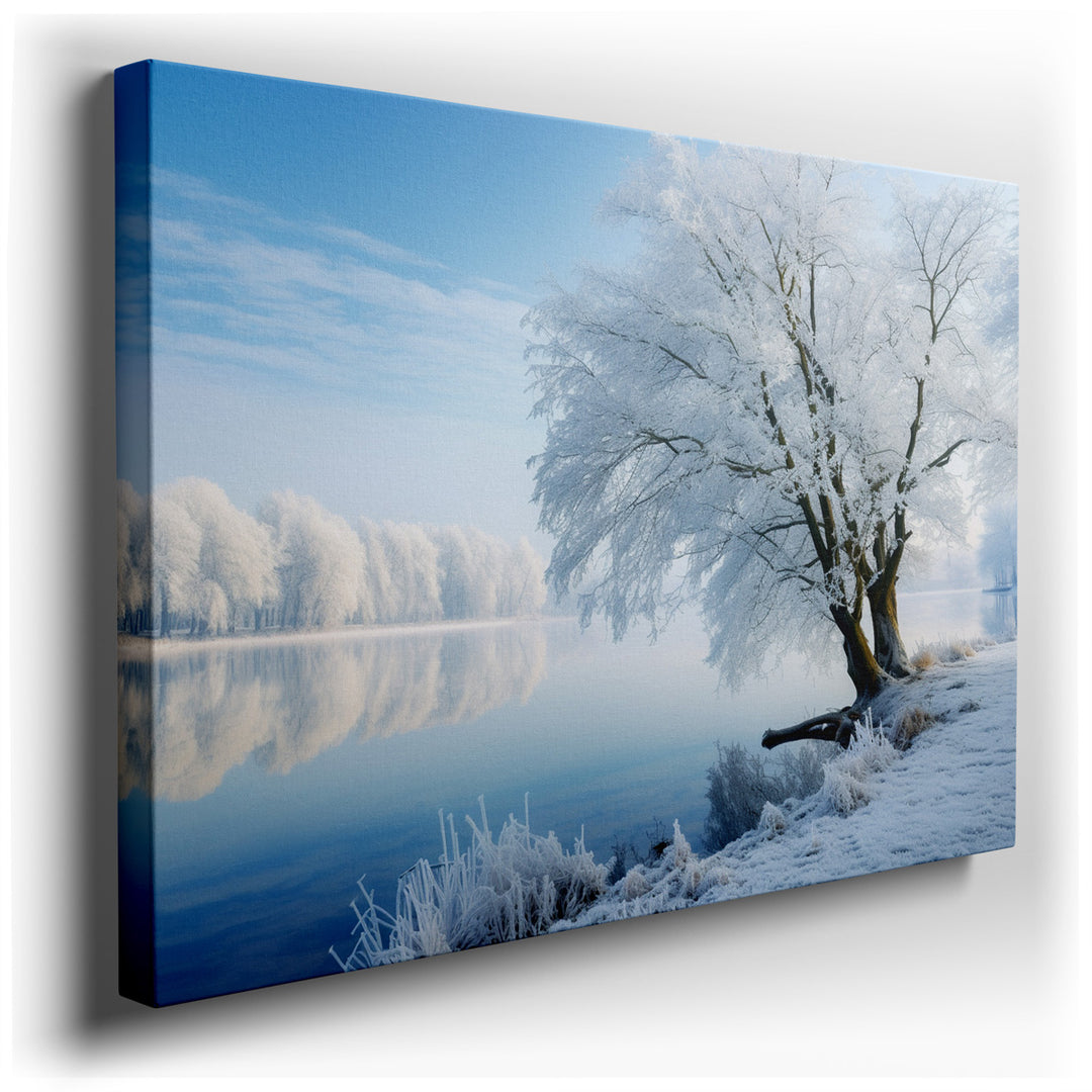 canvas print on wrapped canvas for wall decor – This wall art captures a serene winter landscape, where the essence of tranquility is masterfully portrayed through a tr...