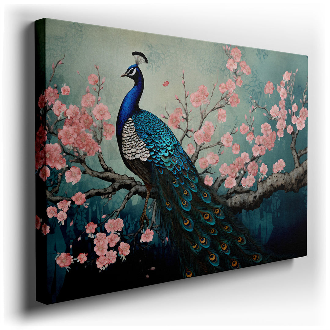 canvas print on wrapped canvas for wall decor – This exquisite wall art captures the serene beauty of a majestic peacock perched gracefully among the delicate blossoms...