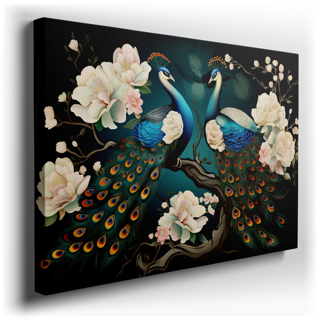 canvas print on wrapped canvas for wall decor – This magnificent wall art captures the essence of opulence and refined beauty through the depiction of two majestic peac...