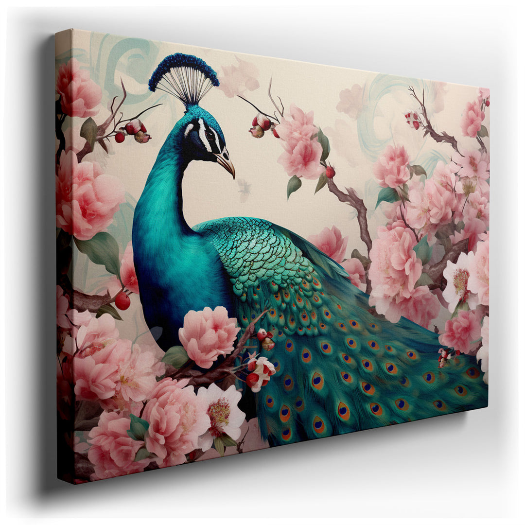 canvas print on wrapped canvas for wall decor – This wall art, a captivating portrayal of a magnificent peacock with its feathers fully displayed, is a true masterpiece...