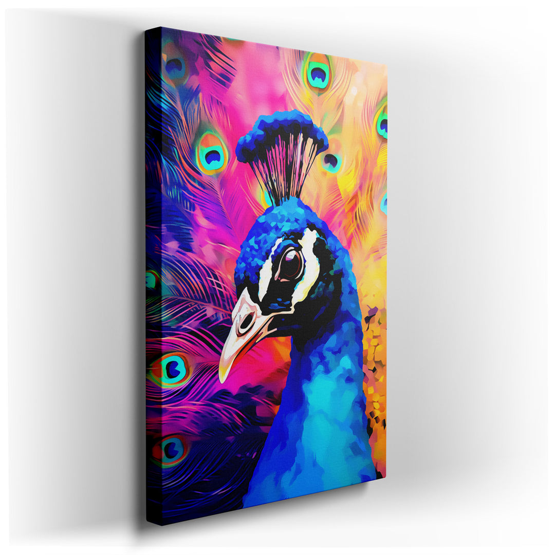 canvas print on wrapped canvas for wall decor – This exquisite wall art of a peacock is a masterful celebration of color and detail, capturing the essence of one of nat...