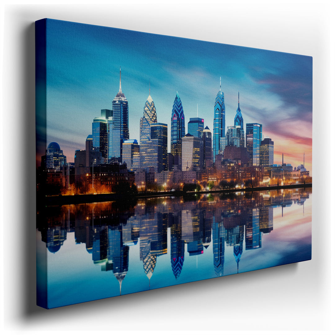 canvas print on wrapped canvas for wall decor – This wall art captures the breathtaking Philadelphia skyline at the magical hour of dusk, where the fading sunlight kiss...