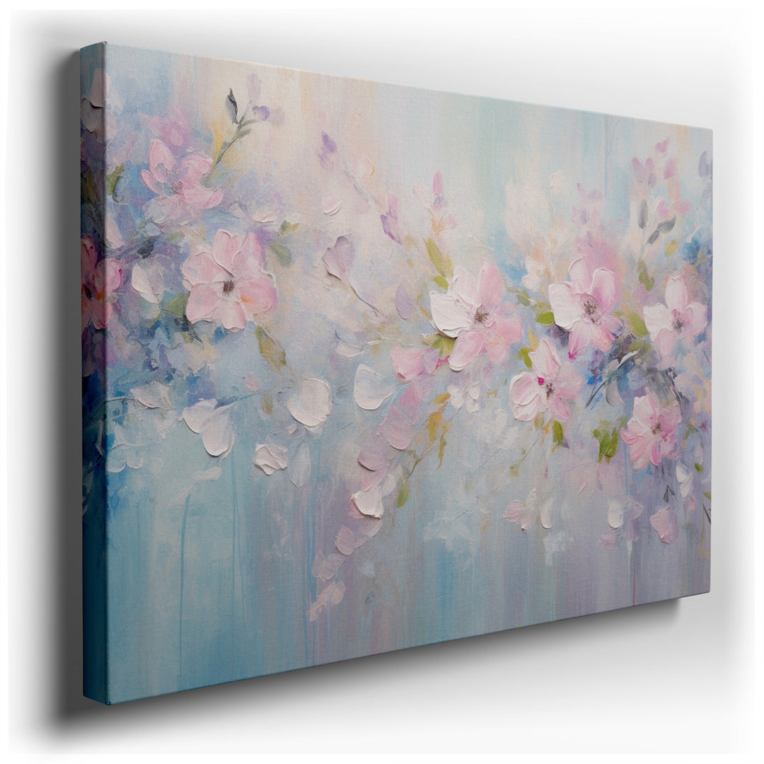 canvas print on wrapped canvas for wall decor – This exquisite wall art, a masterful composition of blooming pink flowers set against a calming blue backdrop, is a cele...