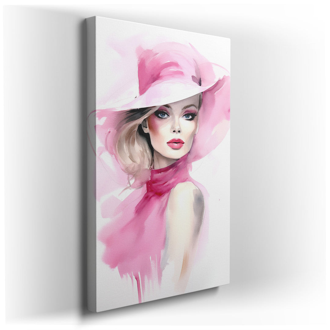 canvas print on wrapped canvas for wall decor – This wall art captures the essence of elegance and poise through the depiction of a confident woman adorned in a pink ha...