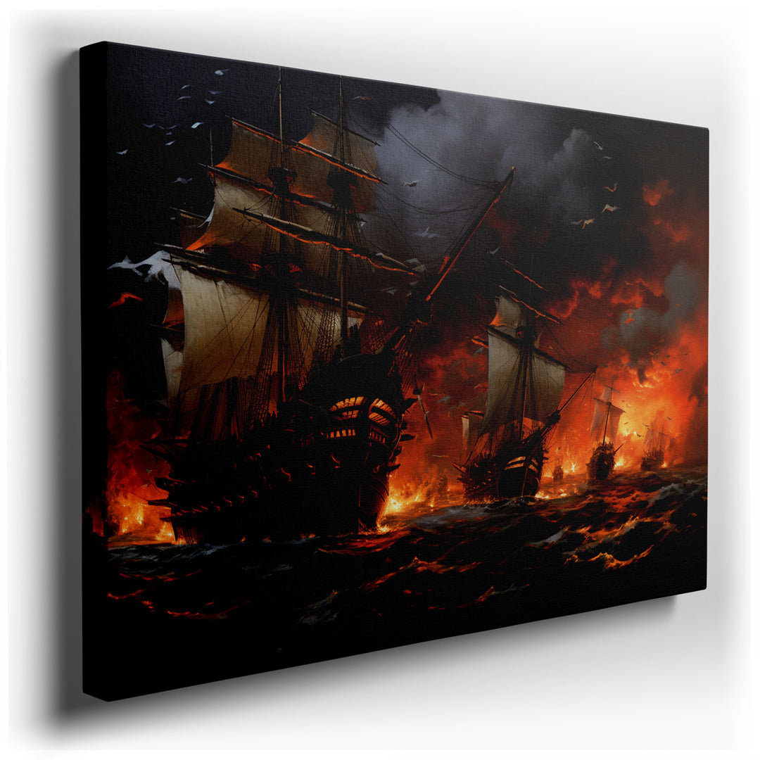 canvas print on wrapped canvas for wall decor – This wall art, a vivid and dynamic portrayal of a fleet of pirate ships engaged in a fierce battle on the high seas, is...