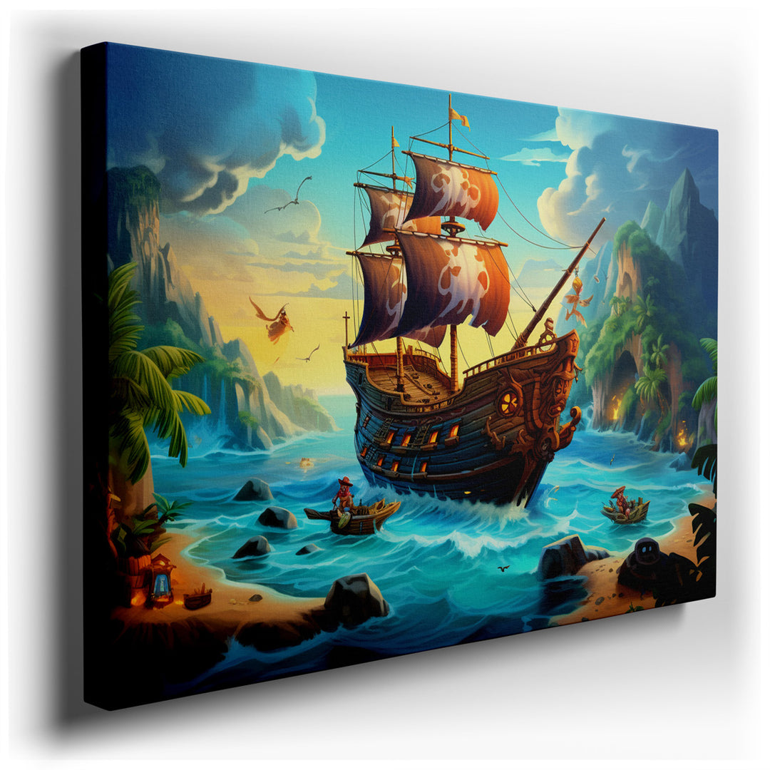 canvas print on wrapped canvas for wall decor – This wall art, a vivid portrayal of a pirate ship slicing through the tropical waters, is a masterpiece that encapsulate...
