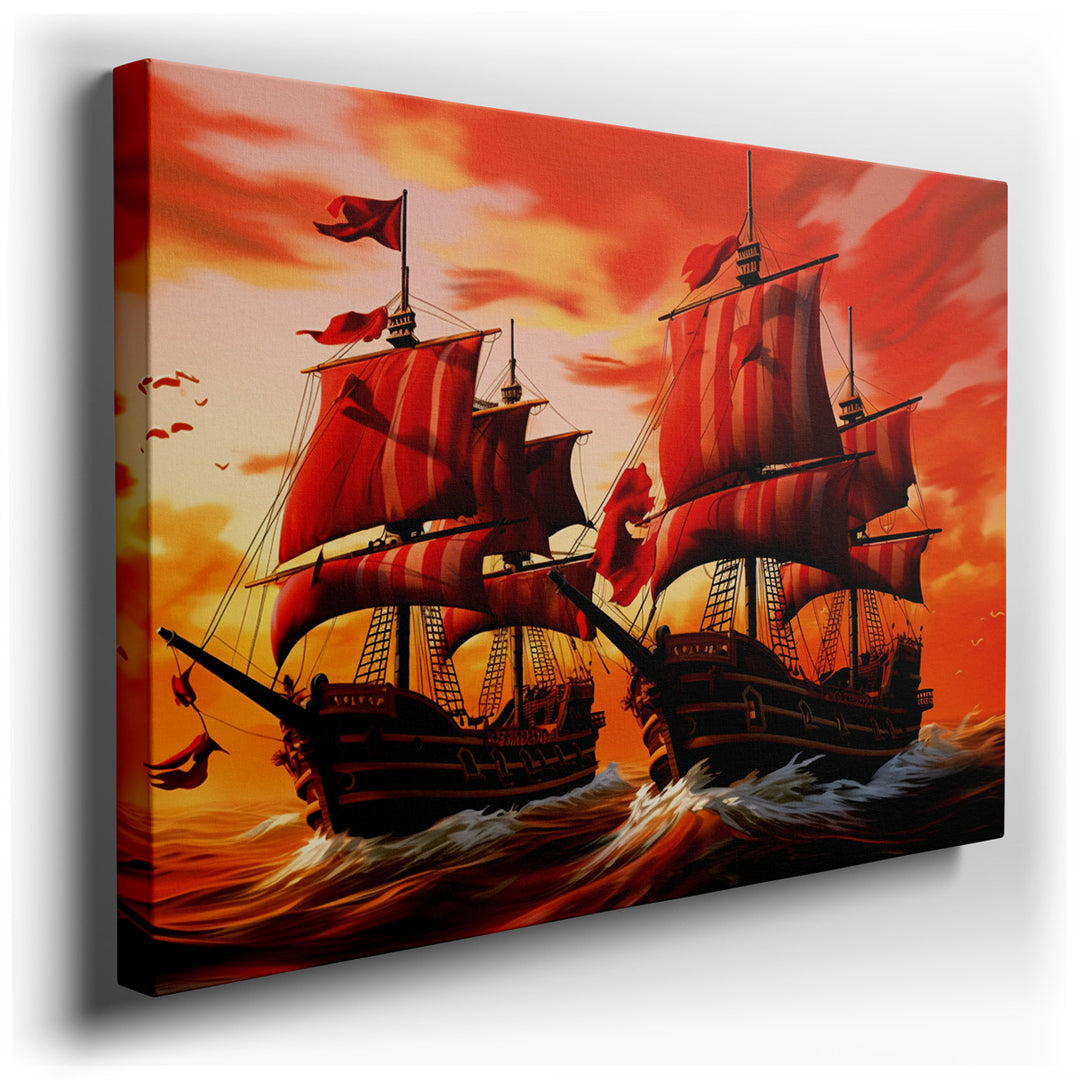 canvas print on wrapped canvas for wall decor – This captivating wall art, a masterful depiction of two pirate ships set against the backdrop of a stunning sunset, is a...