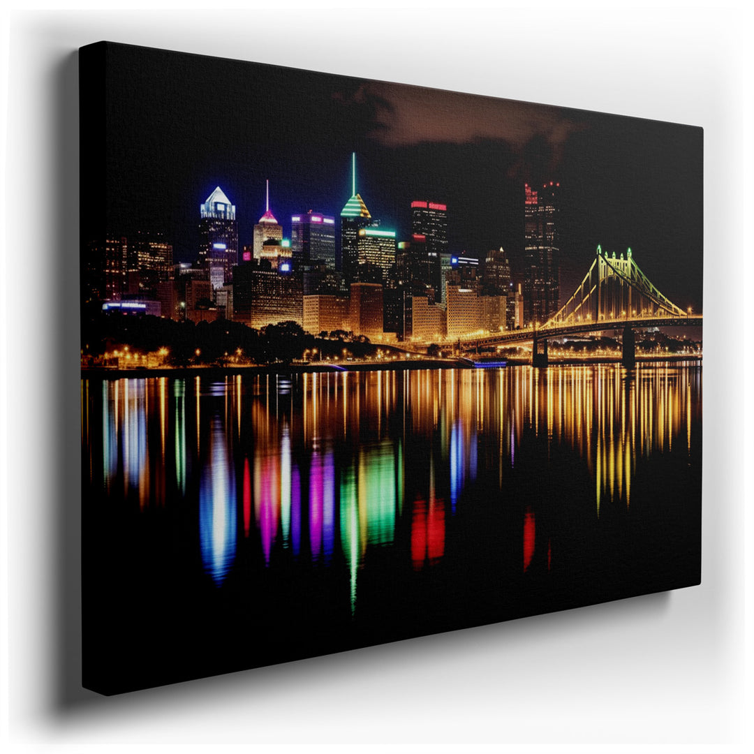 canvas print on wrapped canvas for wall decor – This wall art captures an enchanting nighttime view of Pittsburgh's skyline, a scene that brings the vibrant and dynamic...