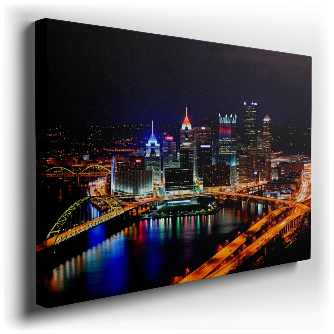 canvas print on wrapped canvas for wall decor – This wall art captures a breathtaking night view of Pittsburgh, a city renowned for its vibrant cityscape and architectu...