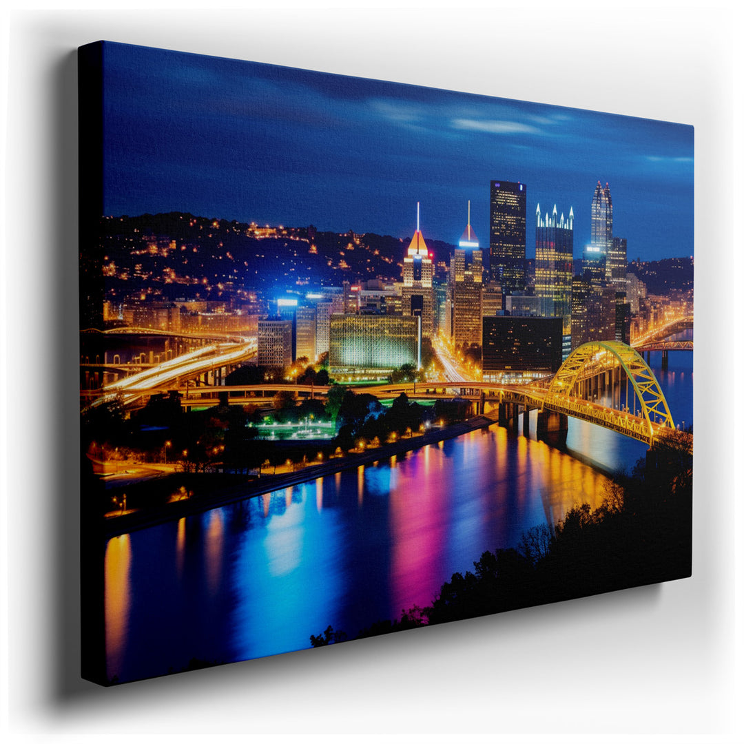 canvas print on wrapped canvas for wall decor – This wall art captures a breathtaking dusk view of Pittsburgh's skyline, a scene that masterfully intertwines the natura...