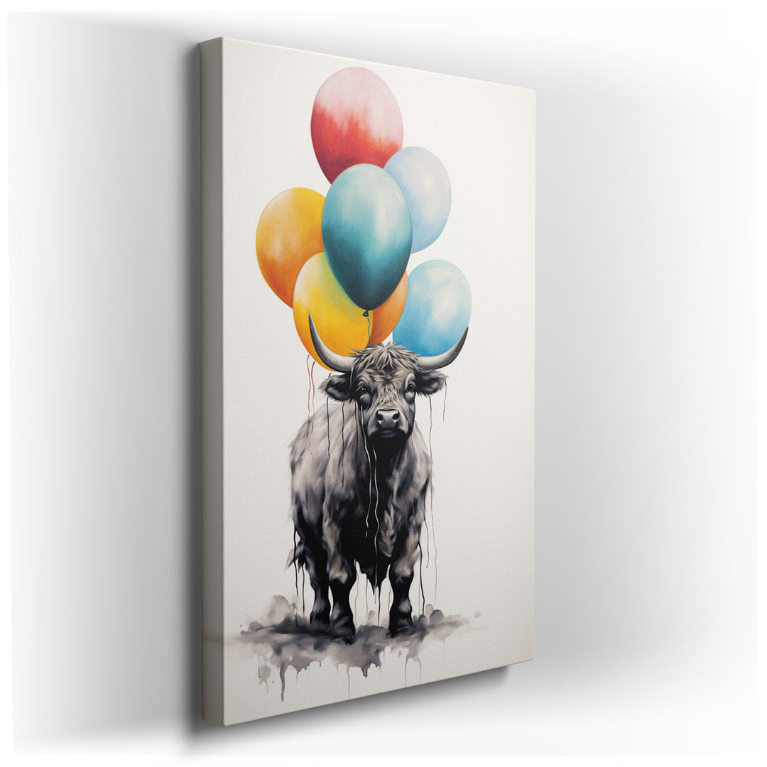 canvas print on wrapped canvas for wall decor – This enchanting wall art portrays a cow, an animal typically associated with pastoral calm and rural landscapes, in a su...