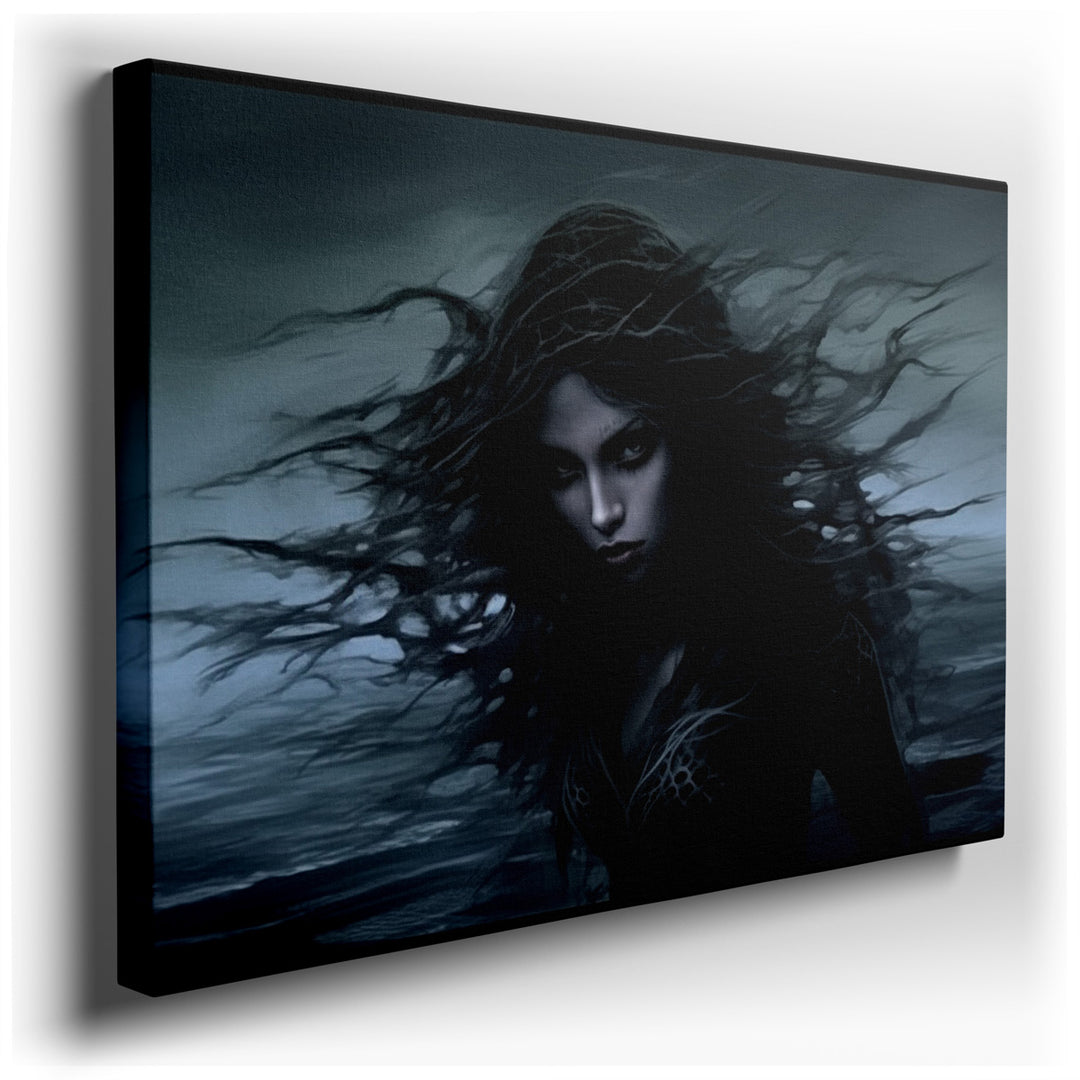 canvas print on wrapped canvas for wall decor – This wall art, a mesmerizing portrait of a woman with dark, flowing hair, masterfully captures the raw essence of both h...