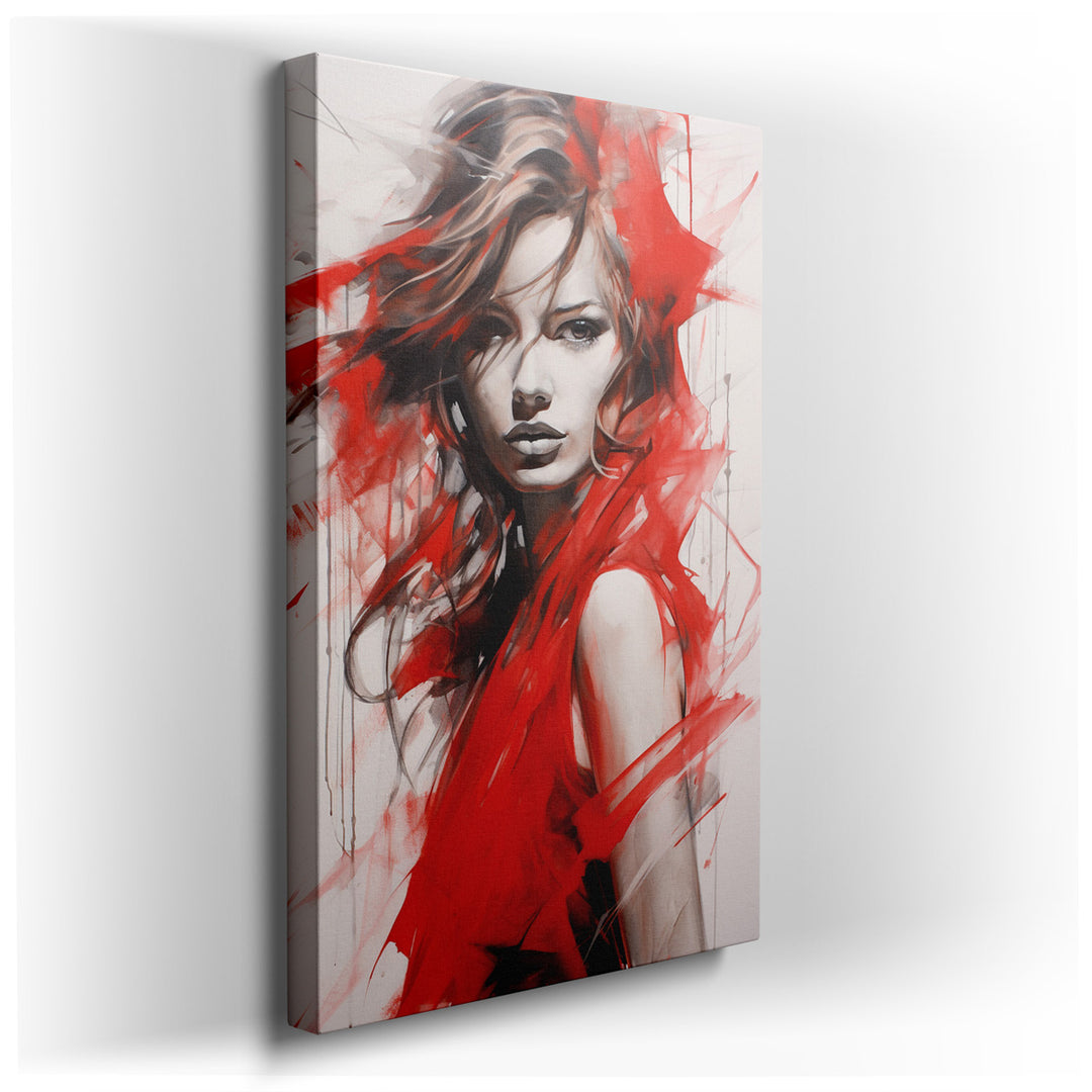 canvas print on wrapped canvas for wall decor – This wall art, a mesmerizing portrait of a woman clad in red, is a profound exploration of strength and beauty, captured...