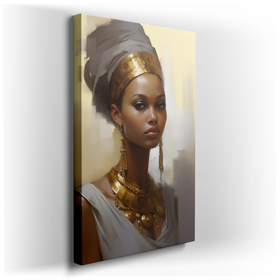 canvas print on wrapped canvas for wall decor – This captivating wall art presents a portrait of a woman, exuding an aura of strength and sophistication through her cul...