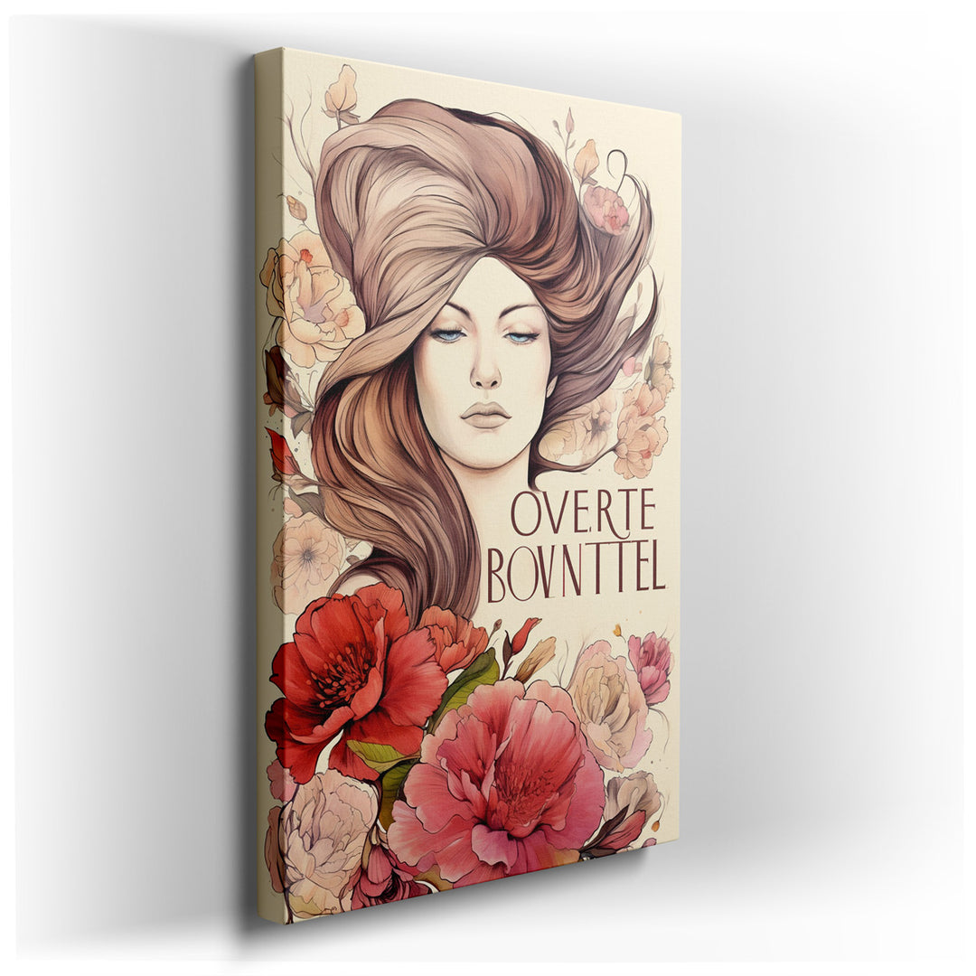 canvas print on wrapped canvas for wall decor – This wall art, an exquisite portrait of a woman surrounded by an arrangement of blooming flowers in soft hues, is a mast...