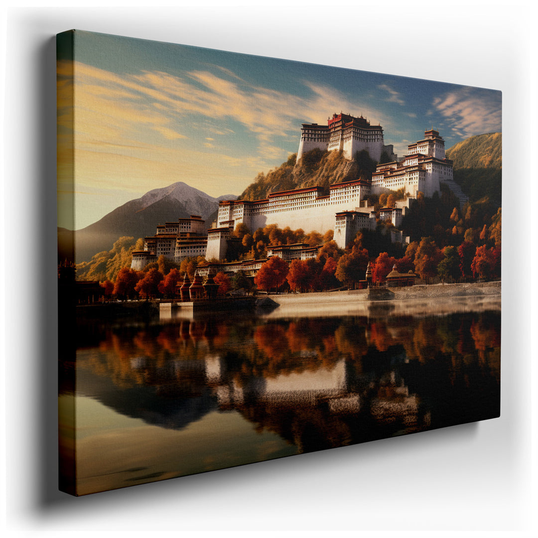 canvas print on wrapped canvas for wall decor – The wall art captures the majestic Potala Palace, an iconic symbol of Tibet, perched regally atop Marpo Ri hill, overloo...
