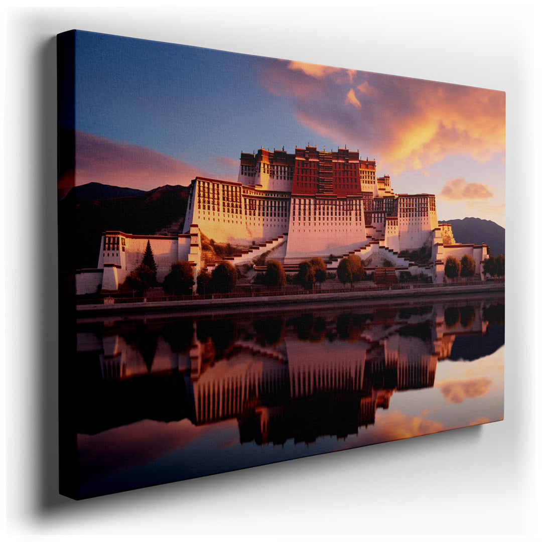 canvas print on wrapped canvas for wall decor – The wall art captures the iconic Potala Palace in a moment of serene majesty, set against the backdrop of a breathtaking...