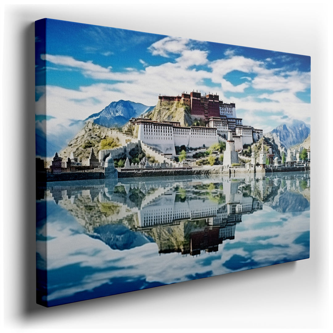 canvas print on wrapped canvas for wall decor – The wall art captures the majestic Potala Palace on a clear blue day, its grandeur amplified by the crisp, azure sky abo...
