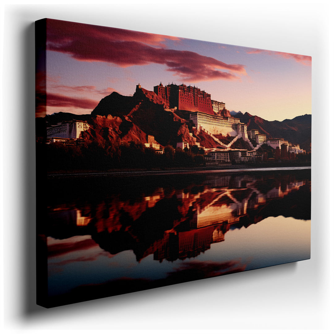 canvas print on wrapped canvas for wall decor – The wall art captures the iconic Potala Palace in a moment of serene twilight, its majestic structure glowing with a war...