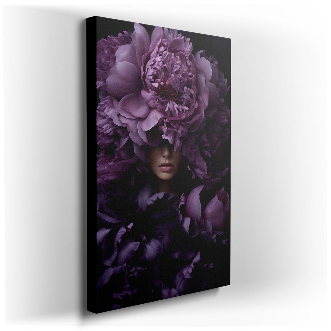 canvas print on wrapped canvas for wall decor – This wall art, a mesmerizing depiction of a model adorned with a stunning floral headdress of lush purple peonies, is a...