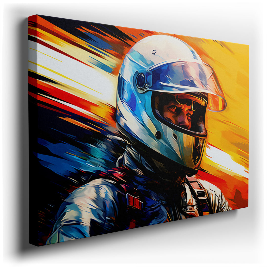 canvas print on wrapped canvas for wall decor – This captivating wall art masterfully captures the essence of motorsport, portraying a race car driver fully clad in a r...
