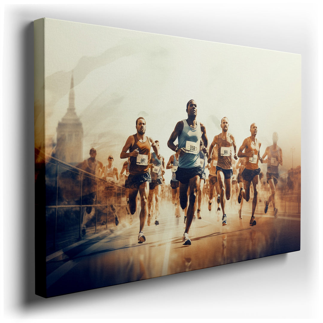 canvas print on wrapped canvas for wall decor – This captivating wall art vividly portrays a group of runners in the heat of a race, their bodies angled forward in a dy...